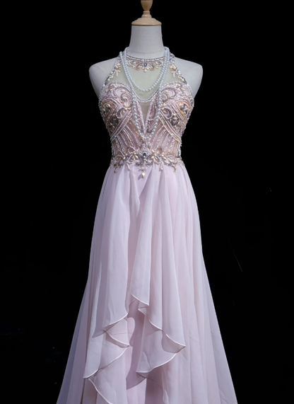 Classy Halter Chiffon Beaded Mermaid Formal Wedding Guest Dress,Pink Long Evening Dress Party Dress D2071