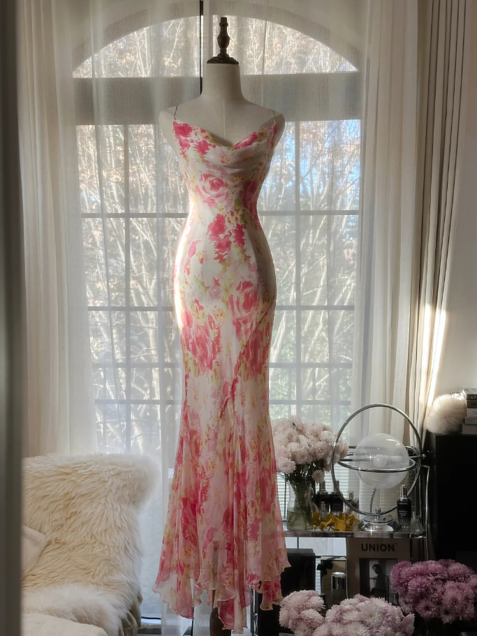Glamorous Spaghetti Straps Chiffon Print Floral Mermaid Evening Dress Pink Long Party Dress D2102