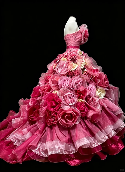 Charming Strapless Pink Satin Tulle Pleated Floral Quinceanera Dress Sweet 15 16 Dress D5275