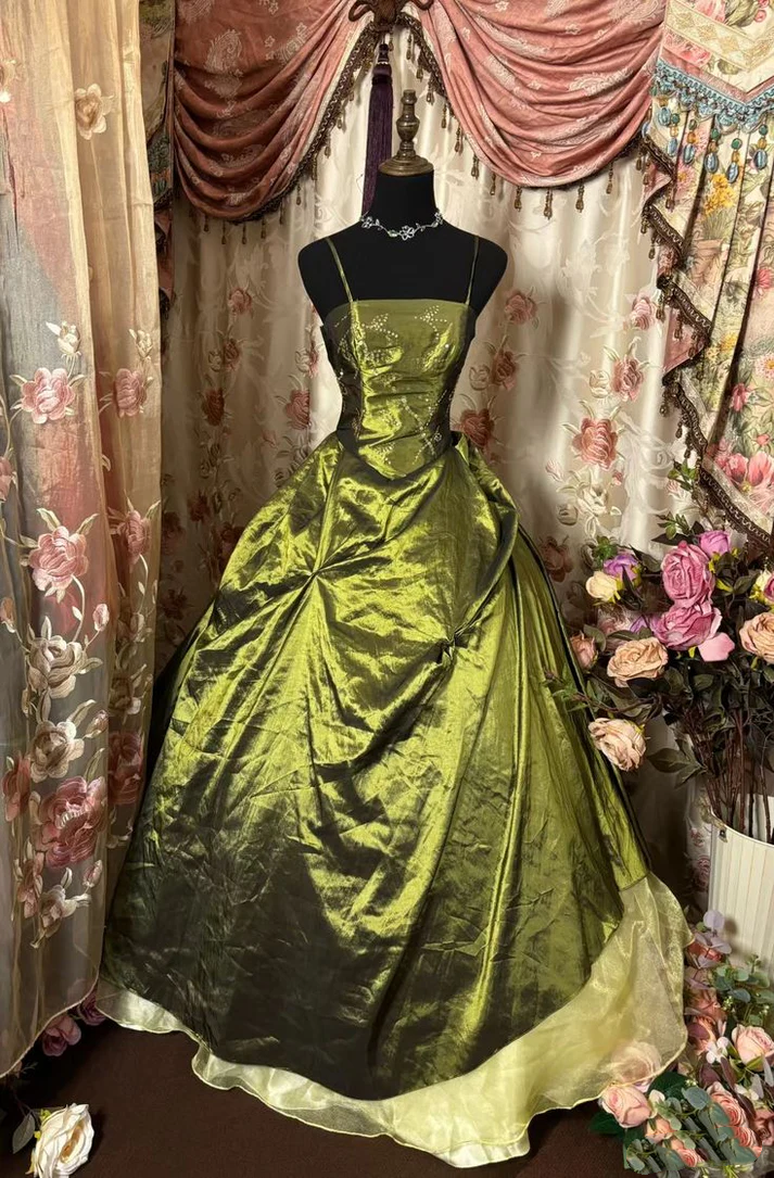 Retro Ball Gown Spaghetti Straps Satin Olive Green Long Party Dress Prom Dresses SD1519