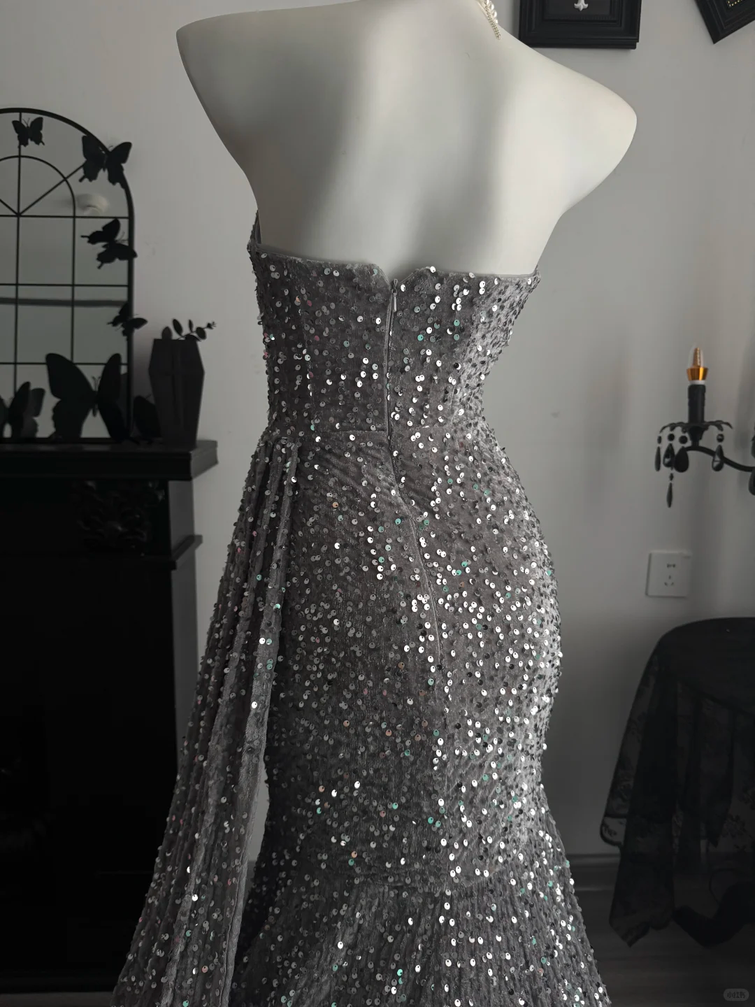 Sparkly Strapless Velvet Sequin Rhinestones Mermaid Long Party Dress,Gray Birthday Evening Dress D3710