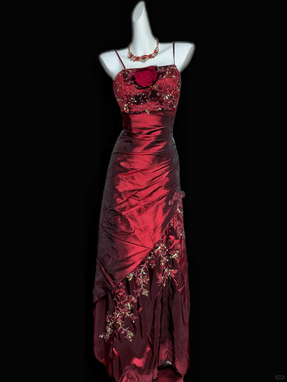 Vintage Spaghetti Straps Burgundy Satin Pleated Beaded Evening Dress Long Mermaid Party Dress D1067