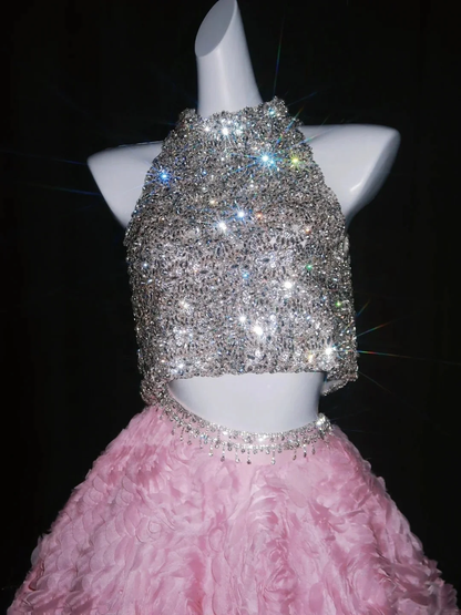 Princess Ball Gown 2 Pieces Silver Sequin Pink Floral Long Evening Dress Formal 20th Birthday Gowns Prom Dresses D4550
