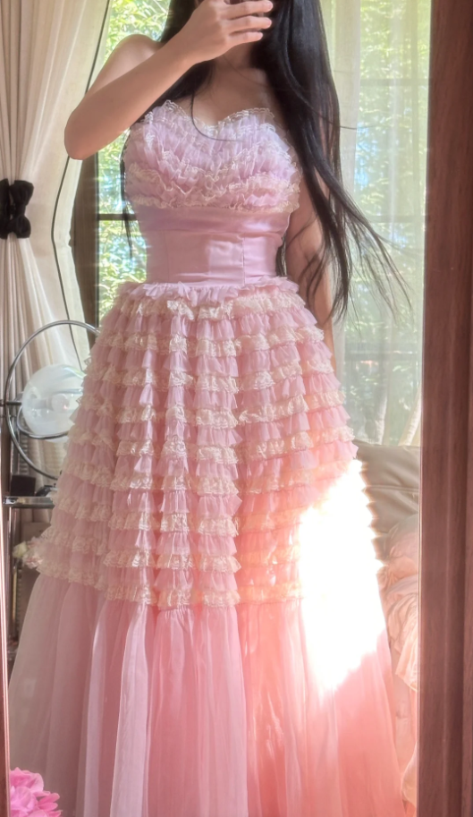 Sweet Strapless Pink Tulle Pleated A Line Long Party Dress Princess Birthday Prom Gowns D2309