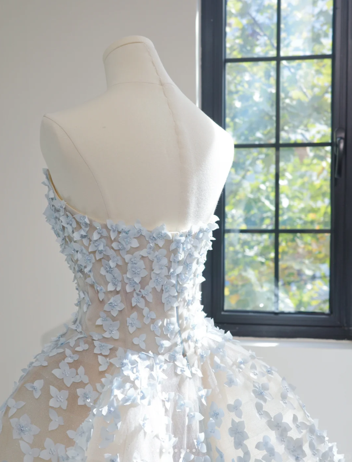 Fairy Strapless Blue Tulle 3D Flowers Beaded Ball Gown Pretty Long Wedding Dress D2158