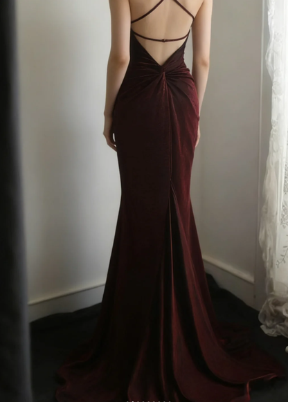 Charming Burgundy Spaghetti Straps Satin Mermaid Long Party Dress Backless Evening Gown D2324