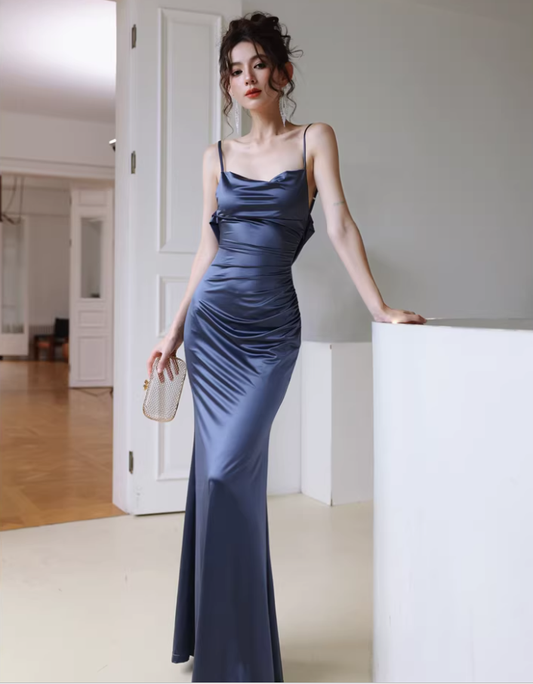 Classy Spaghetti Strap Blue Satin Mermaid Backless Evening Dress Long Wedding Guest Dress D2405
