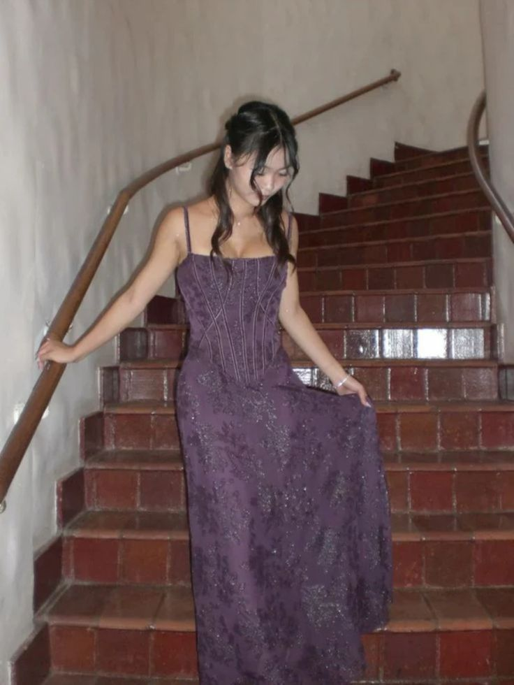 Charming Spaghetti Straps Purple Lace Print Floral A Line Long Wedding Guest Dress Formal Birthday Party Dress D1597