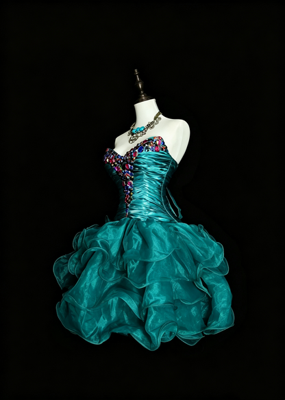 Retro Strapless Satin Tulle BEaded A Line Mini Birthday Prom Gown,Lake Green Short 9th Grade Homecoming Dress D4075