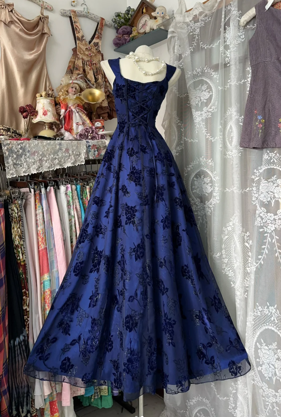 Retro Navy Blue A Line Tulle Rose Floral Long Party Dress Evening Dress D1374