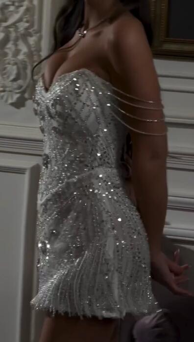 Shiny Off The Shoulder Satin Beaded Tassel Short Homecoming Dress Birthday Dress D4436