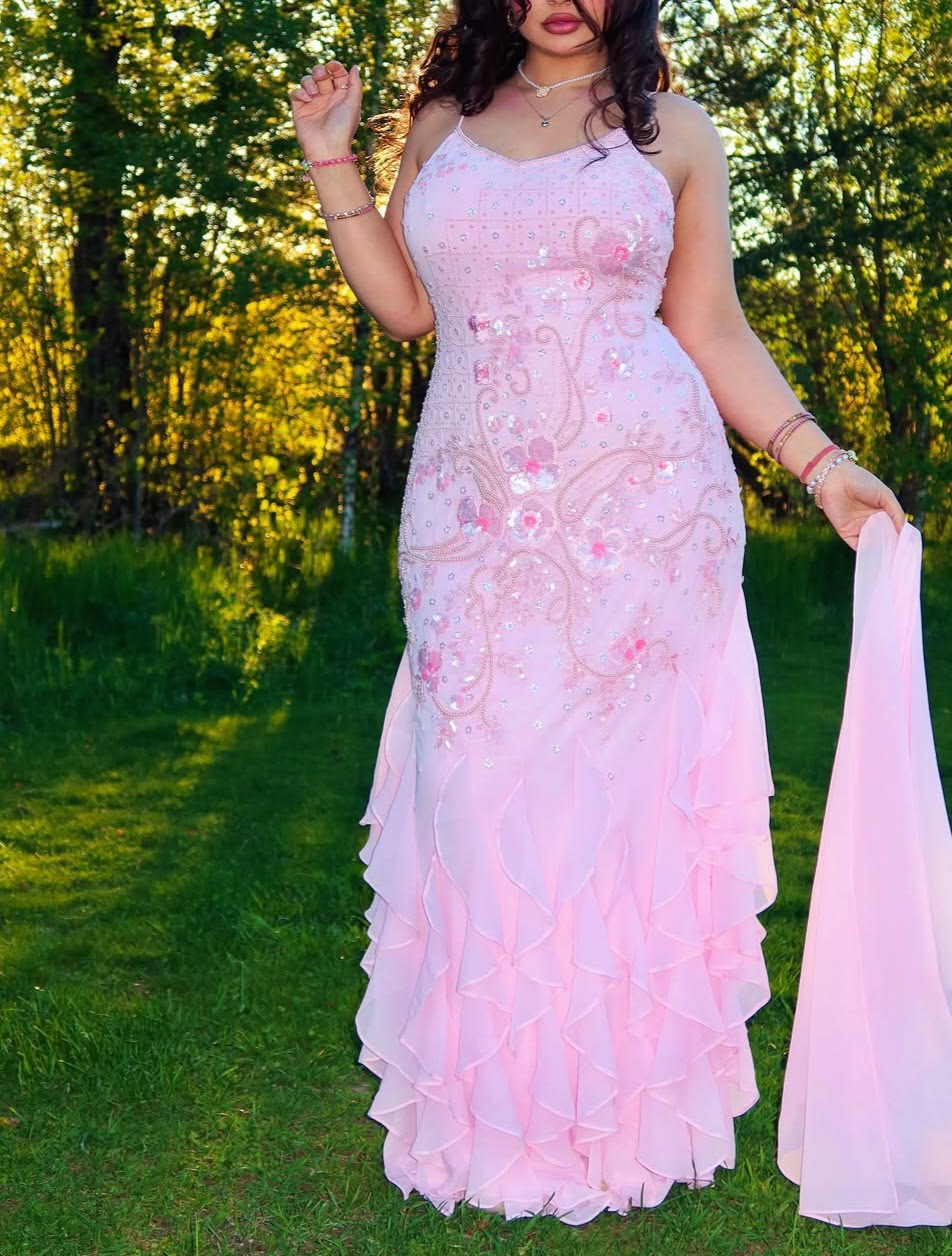 Classy Pink Chiffon Beaded Mermaid Long Party Dress Evening Dresses D5112