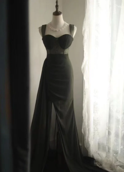 Vintage Green Spaghetti Straps Satin Beaded Mermaid Slit Long Evening Dress Party Gown D2202