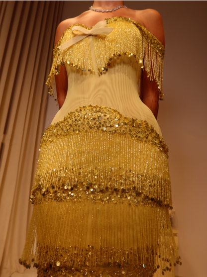 Gorgeous Off The Shoulder Satin Beaded Tassel Long Party Dress Yellow Long Birthday Evening Gowns D5242