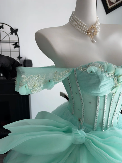 Pretty Green Quinceanera Dress Off The Shoulder Tulle Appliqued Beaded Ball Gown Sweet 15 Dress With Bow D4707