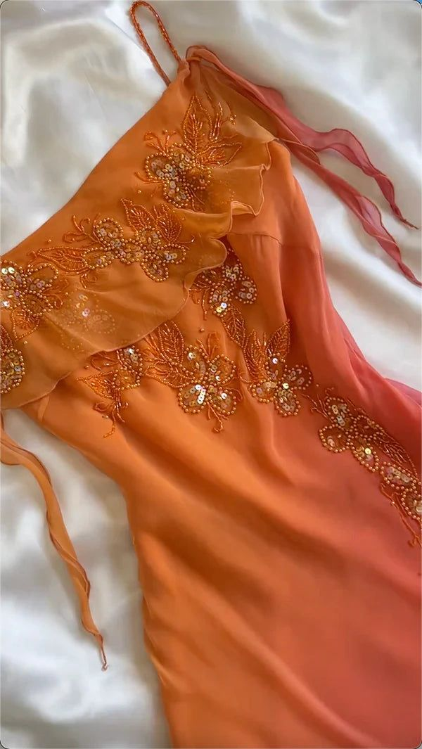Charming Spaghetti Straps Ombre Orange Chiffon Beaded Formal 7th Grade Homecoming Dress Sexy Cocktail Dress D072