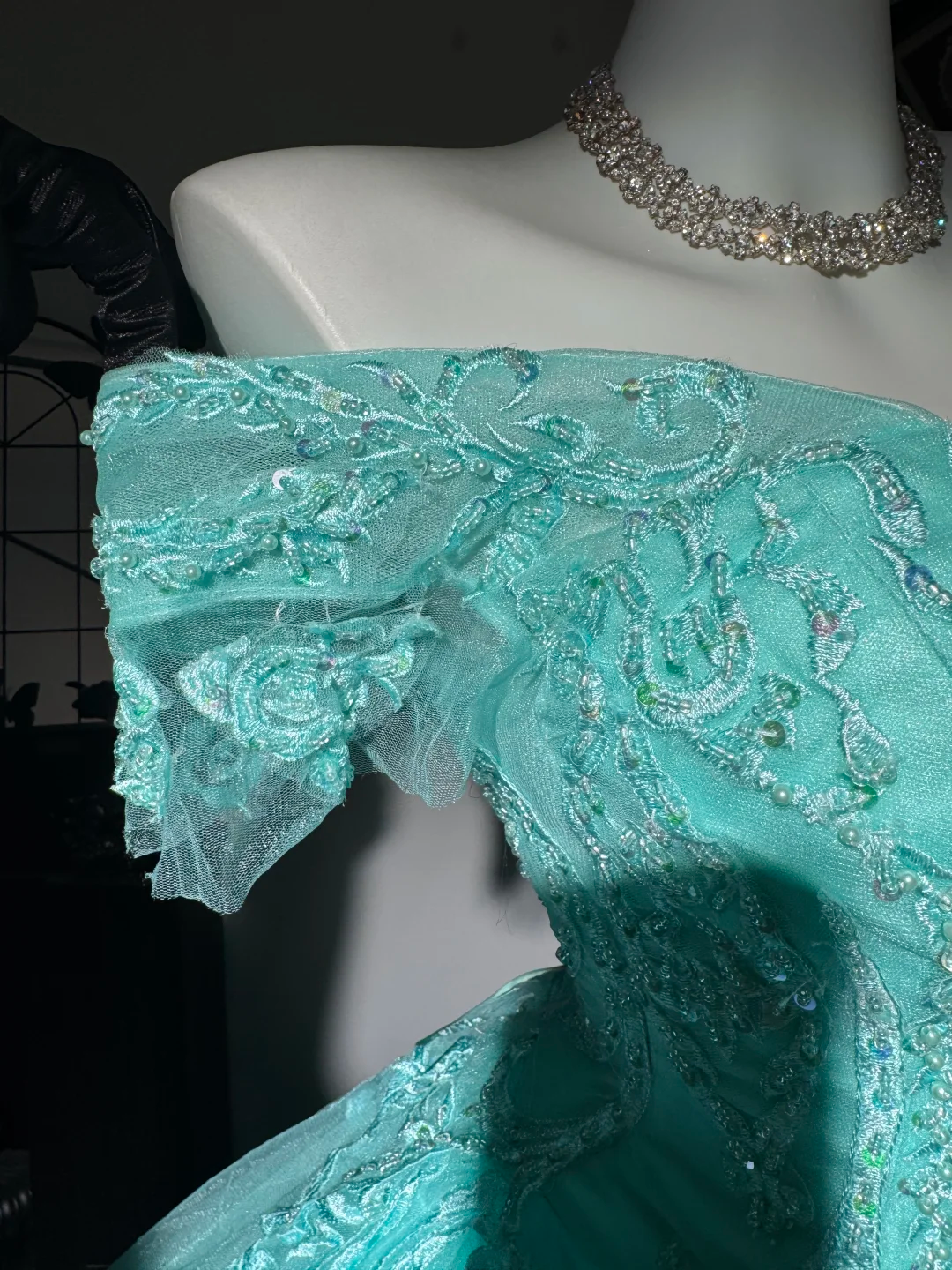 Classy Tiffany Blue Off The Shoulder Tulle Appliques Beaded Quinceanera Dress Sweet 17 Dress D3706