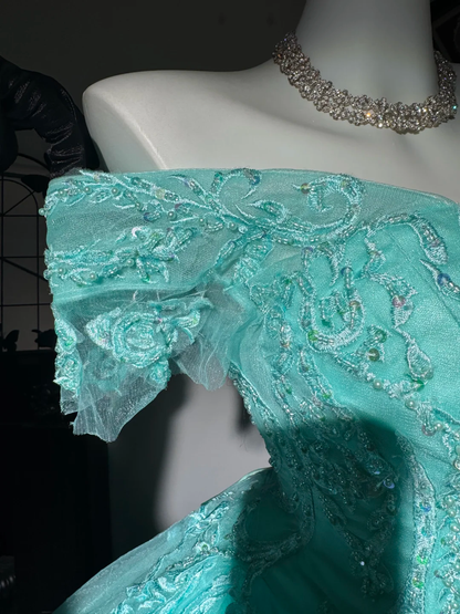 Classy Tiffany Blue Off The Shoulder Tulle Appliques Beaded Quinceanera Dress Sweet 17 Dress D3706