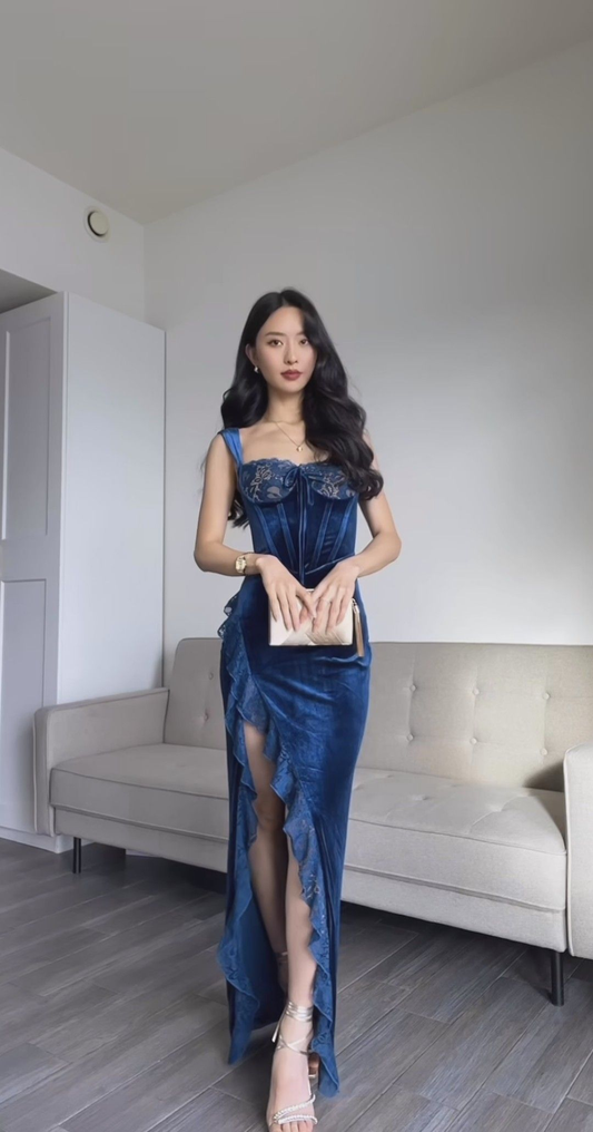 Classy Blue Velvet Lace Ruffles High Slit Long Party Dress Formal Wedding Guest Dress D1648