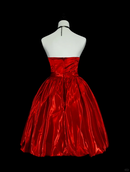 Fashion Strapless Red Satin Pleated A Line Short Homecoming Dress Birthday Outfits D4045