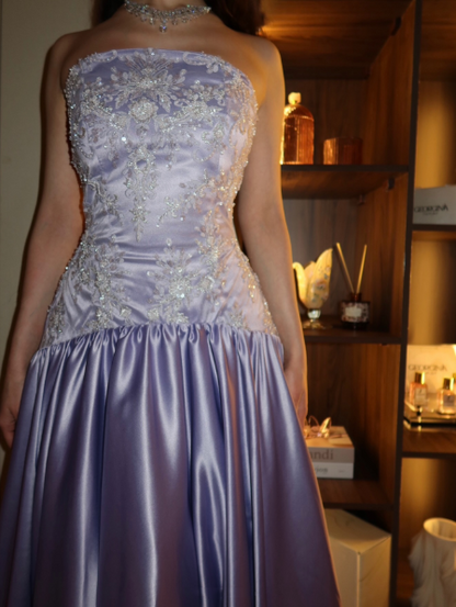Pretty Strapless Satin A Long Party Dress Purple Long Evening Dress D4977