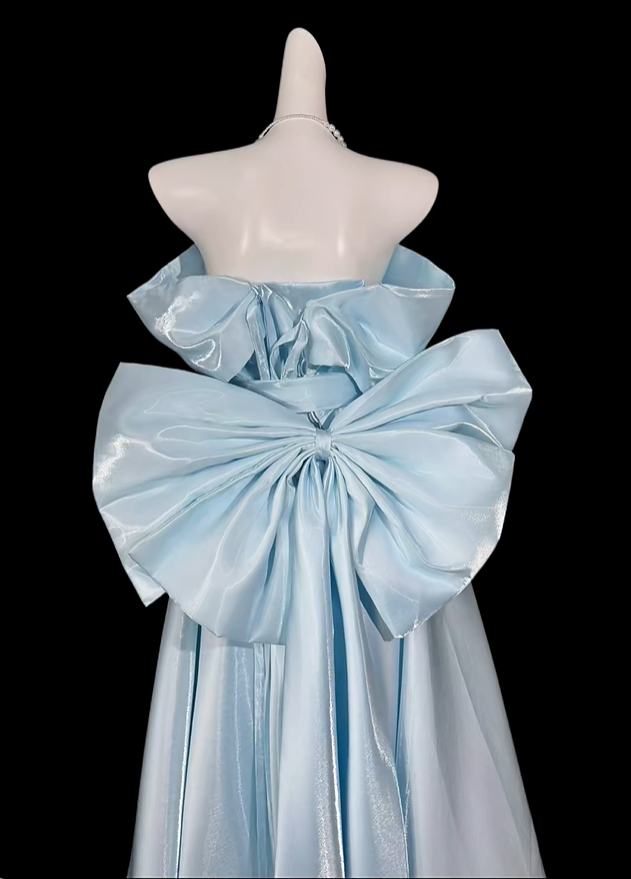 Charming Off The Shoulder Tulle Satin A Line Long Party Dress,Blue Long Birthday Evening Dress With Bow D4166