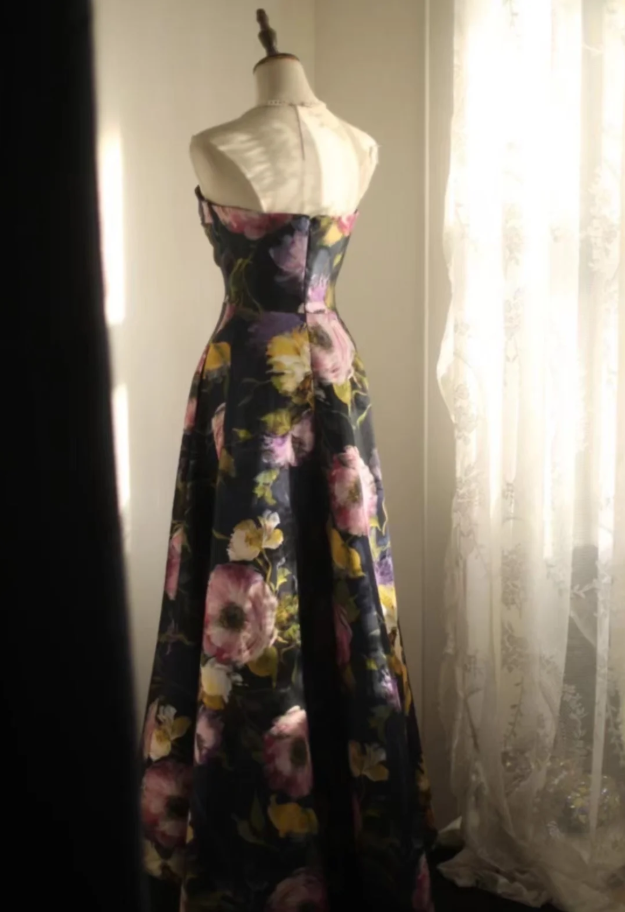 Pretty Strapless Satin Rose Print Floral Long Birthday Party Dress Evening Gown D2205