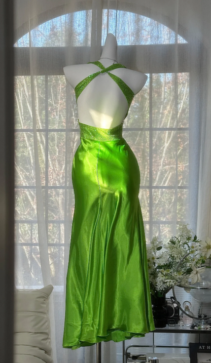 Unique Green Halter Satin Beaded Mermaid Party  Dress Backless Long Evening Dress Wedding Guest Dress D2103