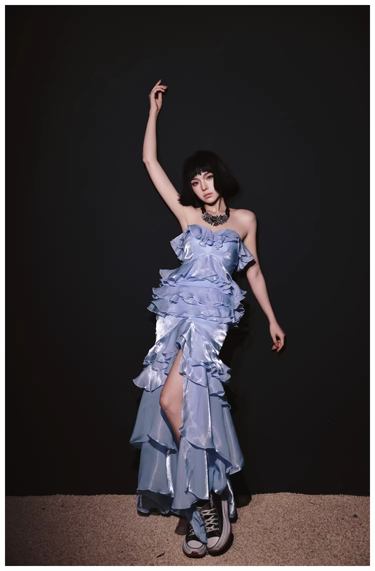 Glamorous Strapless Blue Satin Ruffles Layered mermaid Slit Evening Dress Long Party Dress D2431