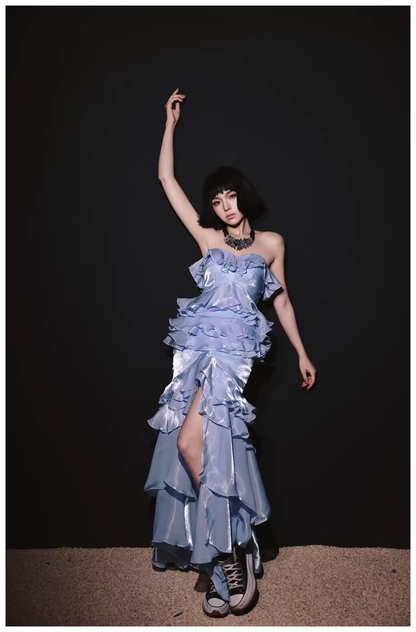 Glamorous Strapless Blue Satin Ruffles Layered mermaid Slit Evening Dress Long Party Dress D2431