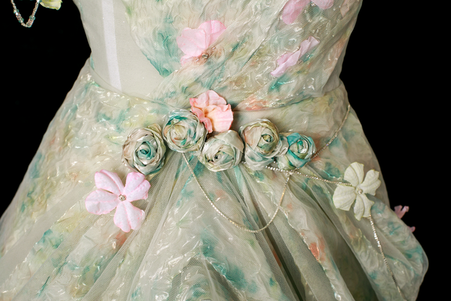 Elegant Green Print Tulle Strapless Flower Prom Dress Long Evening Gown D2969