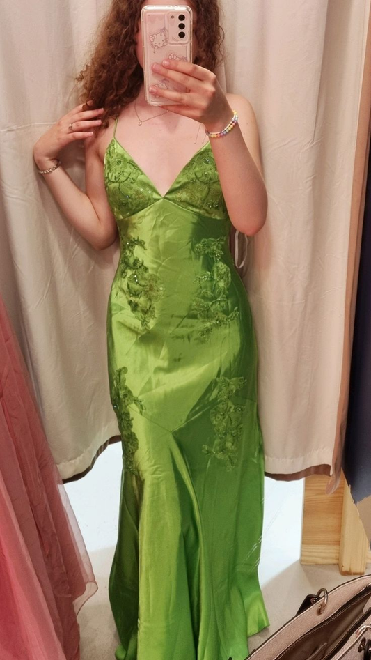 Elegant Green Spaghetti Straps Satin Appliques Beaded Mermaid Evening Dress Long Party Gown D1442
