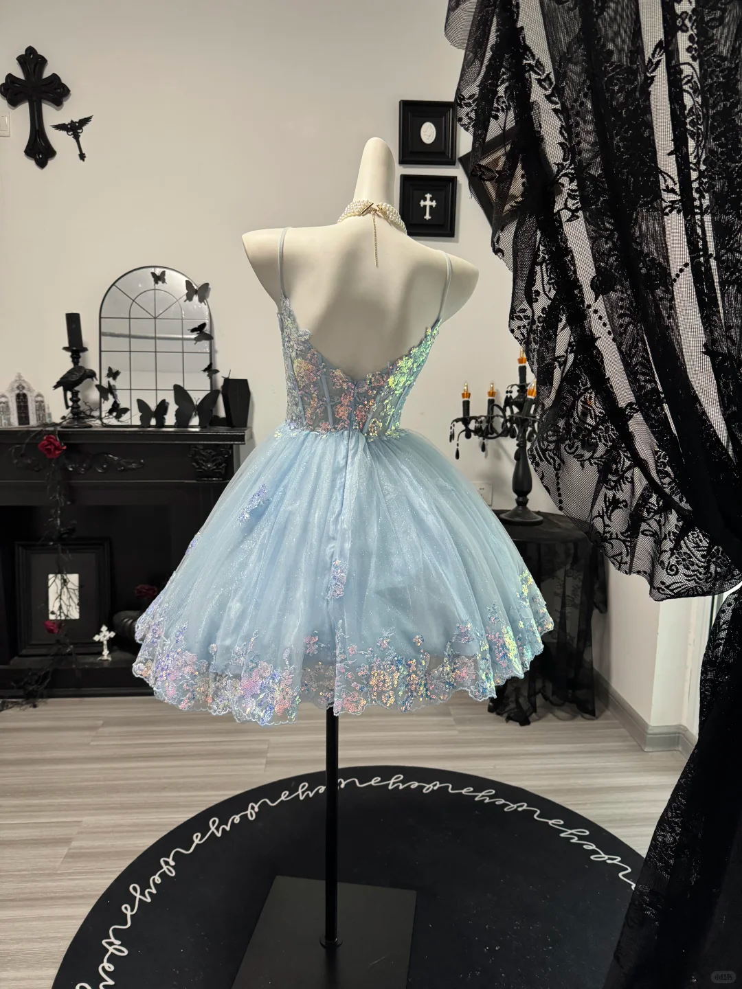 Cute Blue Spaghetti Straps Tulle Sequin Short Graduation Homecoming Dress Birthday Dress D4709