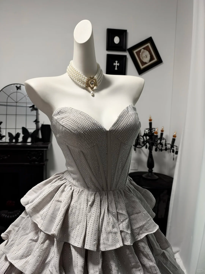 Vintage Sweetheart Neck Satin Beaded Layered Short Homecoming Dress Cocktail Dress D4710