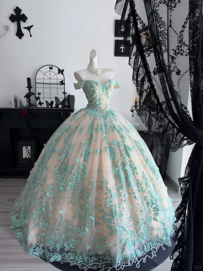 Charming Mint Green Tulle Lace Sequin Floral Sweet 16 Dress Off The Shoulder Birthday Quinceanera Dress D4706