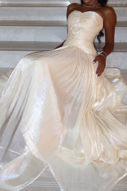 Shiny Ivory Sweetheart Neck Tulle Pleated A Line Long Party Dress Prom Gown D4789