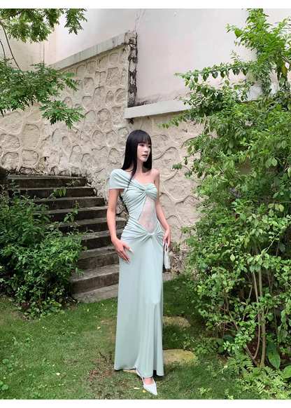 Elegant Pea Green Shoulder Satin Lace Mermaid Long Wedding Guest Dress Formal Evening Dress Prom Dress D2080