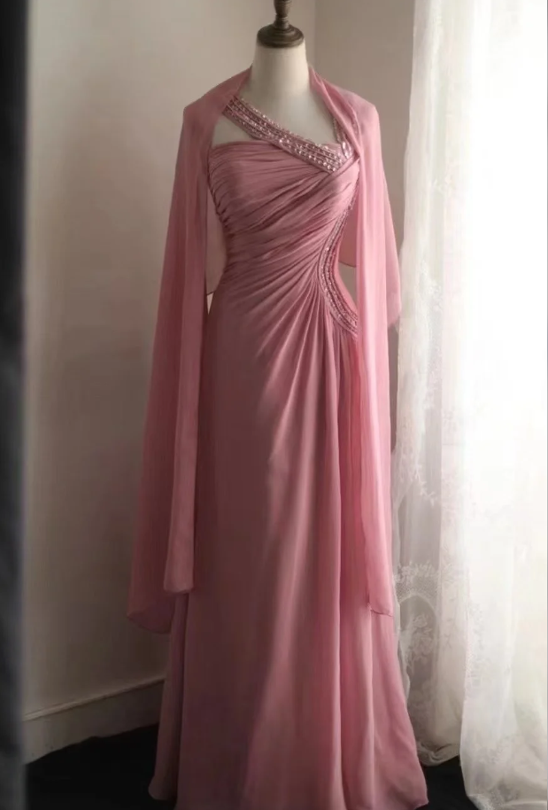 Fairy Pink Chiffon Sequin Beaded Mermaid Long Party Dress Birthday Evening Gown D2206