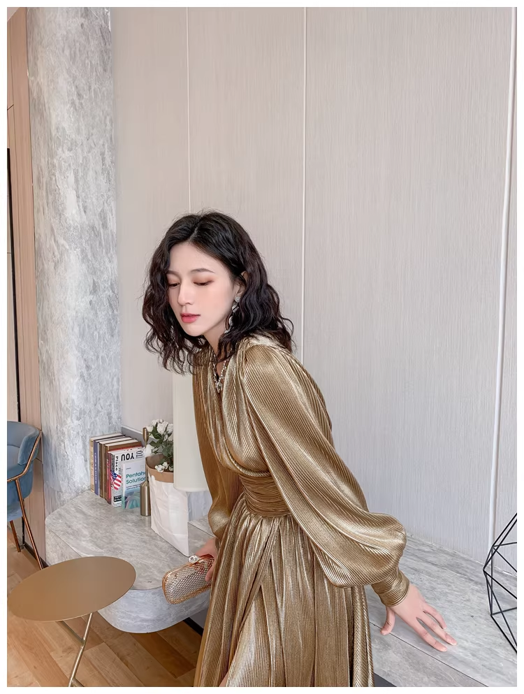 Unique Gold V Neck Satin Pleated Slit A Line Long Evening Dress Formal Wedding Guest Dress D2433