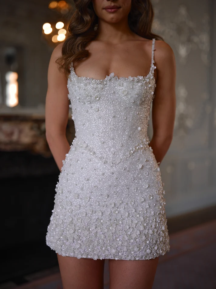Shiny White Spaghetti Strap Mini Homecoming Dress, 3D Floral Rhinestone Sequin Sparkly Short Evening Dress D3162