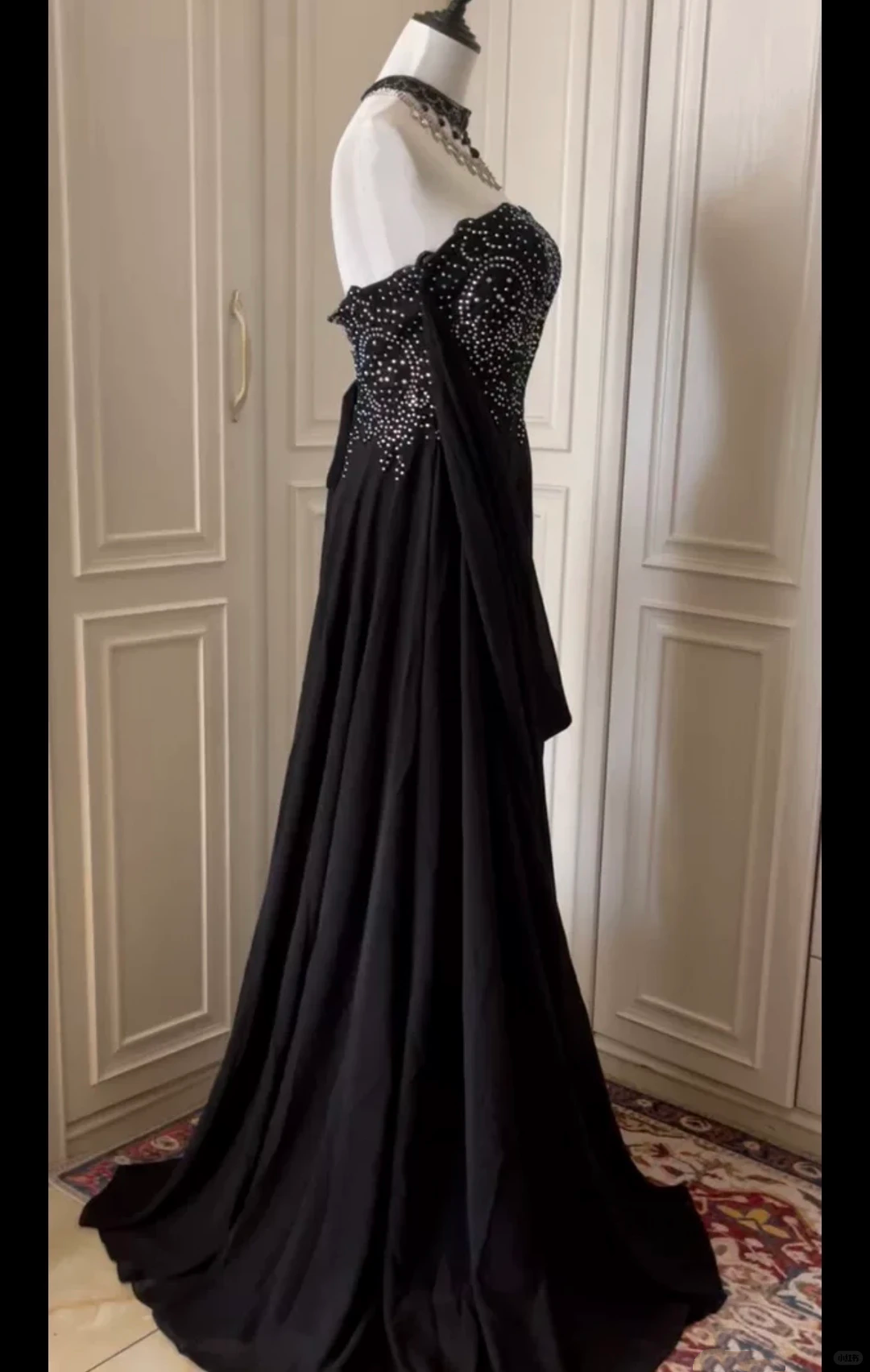 Stylish Black Strapless Chiffon Beaded Long Wedding Guest Dress,Formal Prom Dress Party Dress D3101