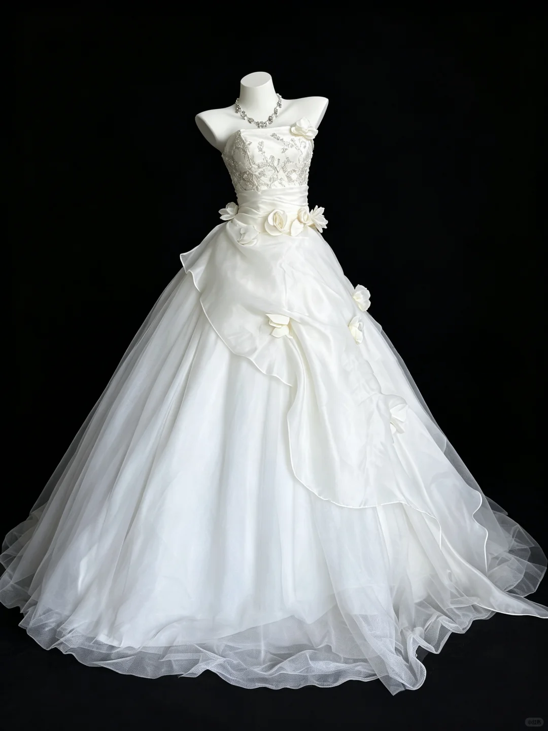 Pretty Strapless White Tulle Beaded 3D Floral Long Wedding Dress D5267