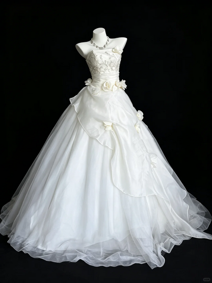 Pretty Strapless White Tulle Beaded 3D Floral Long Wedding Dress D5267
