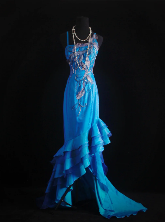 Unique Blue Green Strapless Satin Beaded Long Wedding Guest Dress Formal Birthday Party Dress Prom Gown D2001