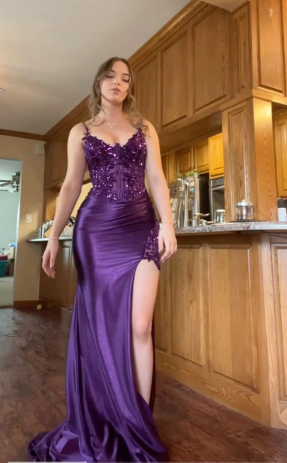 Elegant Spaghetti Straps Purple Satin Appliques Beaded Mermaid Evening Dress Side Slit Long Wedding Guest Dress D1803