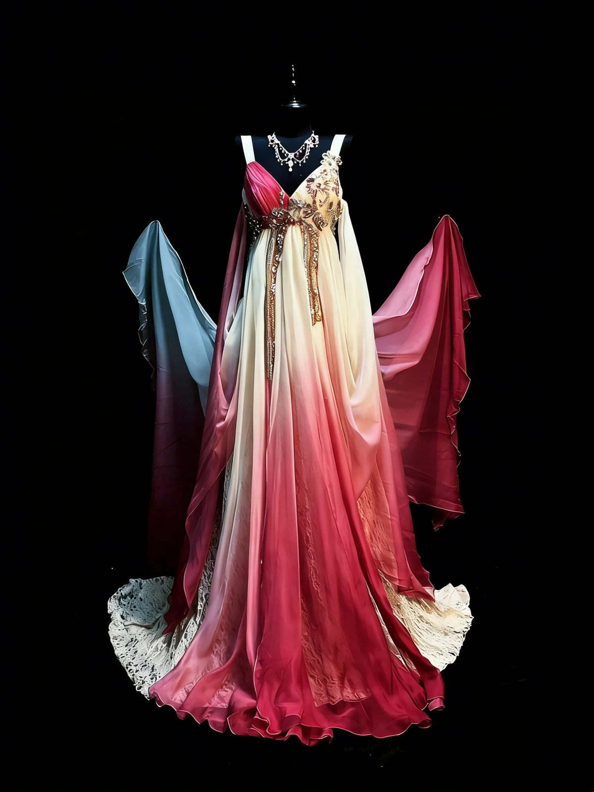 Elegant Spaghetti Straps V Neck Chiffon Beaded Long Party Dress Ombre Pink Mermaid Long Evening Dress D4878