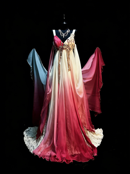 Elegant Spaghetti Straps V Neck Chiffon Beaded Long Party Dress Ombre Pink Mermaid Long Evening Dress D4878
