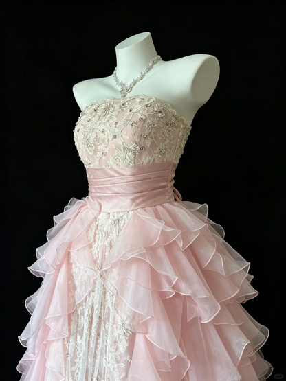 Pretty Strapless Lace Beaded Chiffon Ruffle Pink Long Party Dress Evening Dress D5295
