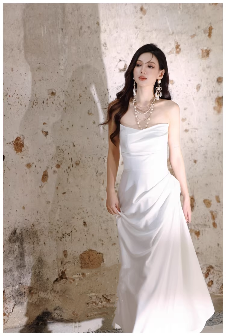 Charming Strapless Satin Pleated Mermaid Long Evening Dress White 19th Birthday Outfits D2410