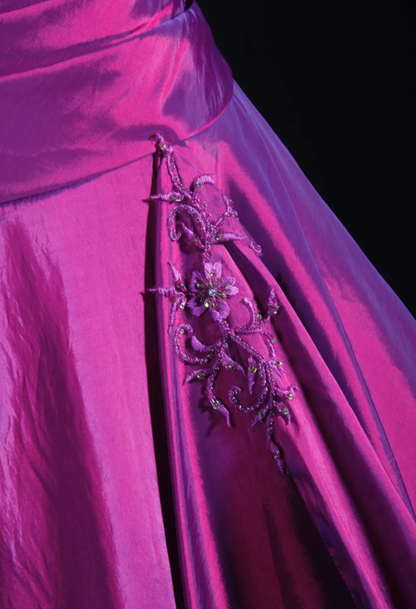 Glamorous Strapless Satin Ball Gown Purple Embroidery Beaded Long Birthday Party Dress Prom Gowns D2235
